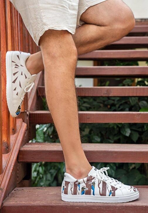 Erkek Vegan Deri Beyaz Sneakers - Knock Knock Tasarım - Görsel 2