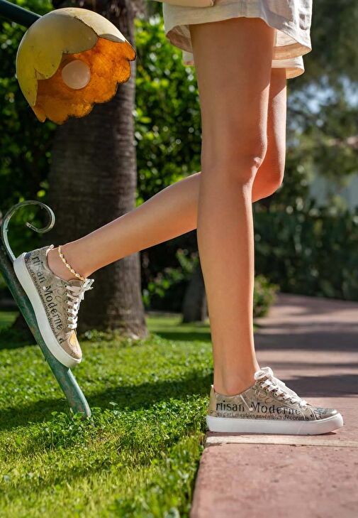 Kadın Vegan Deri Bej Sneakers - Artisan Tasarım - Görsel 5