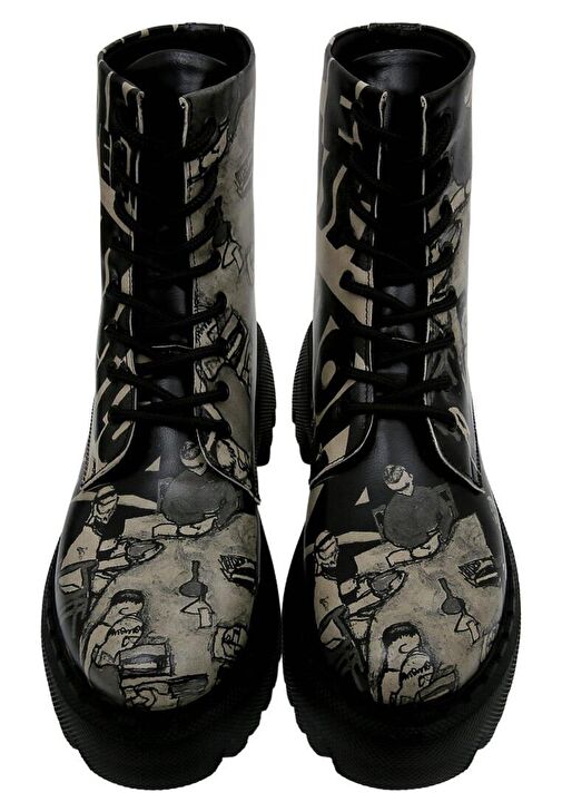 Kadın Vegan Deri Siyah Uzun Bot - Supper Black White Tasarım - Görsel 4