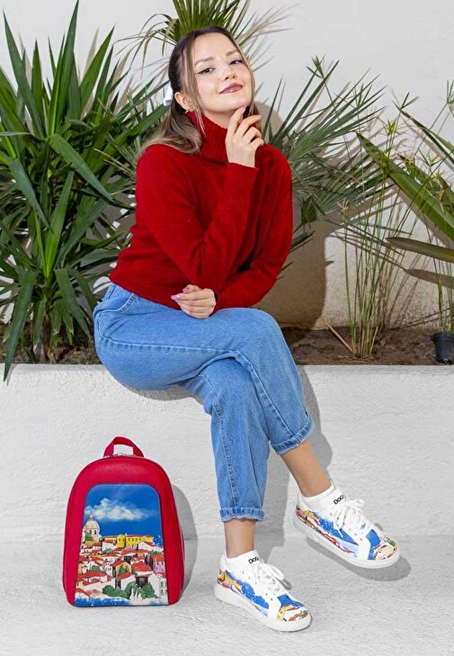 Kadın Vegan Deri Beyaz Sneakers - On the Roofs Tasarım - Görsel 3