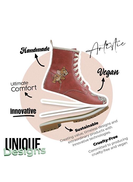 Kadın Vegan Deri Turuncu Uzun Bot - Warner Bros Tom ve Jerry Tasarım - Görsel 8