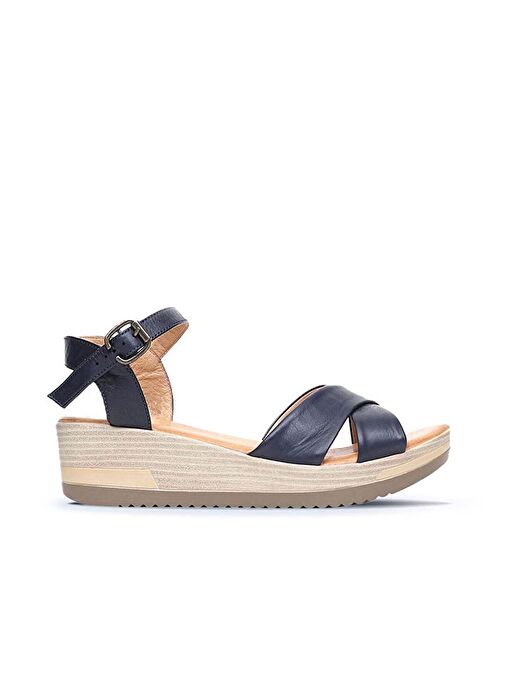 Bueno Shoes Lacivert Deri Kadın Dolgu Topuklu Sandalet 01wl3303 - Görsel 2