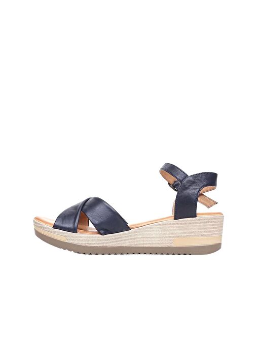 Bueno Shoes Lacivert Deri Kadın Dolgu Topuklu Sandalet 01wl3303 - Görsel 4