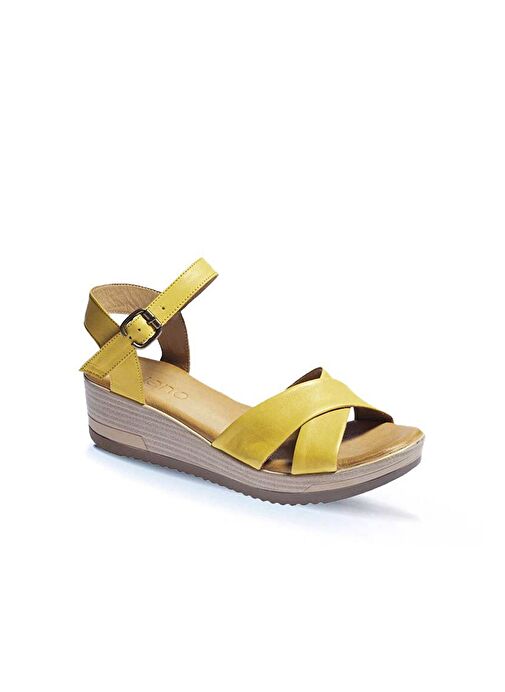 Bueno Shoes Sarı Deri Kadın Dolgu Topuklu Sandalet 01wl3303 - Görsel 3