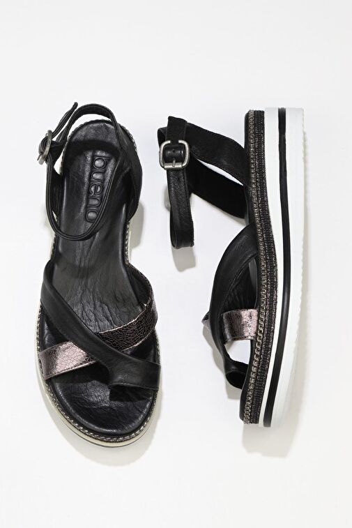Bueno Shoes Siyah Kurşun Deri Kadın Dolgu Topuklu Sandalet 01wq1607 - Görsel 2