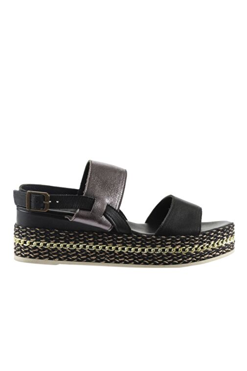 Bueno Shoes Siyah Kurşun Deri Kadın Dolgu Topuklu Espadril Sandalet 01ws5200 - Görsel 3