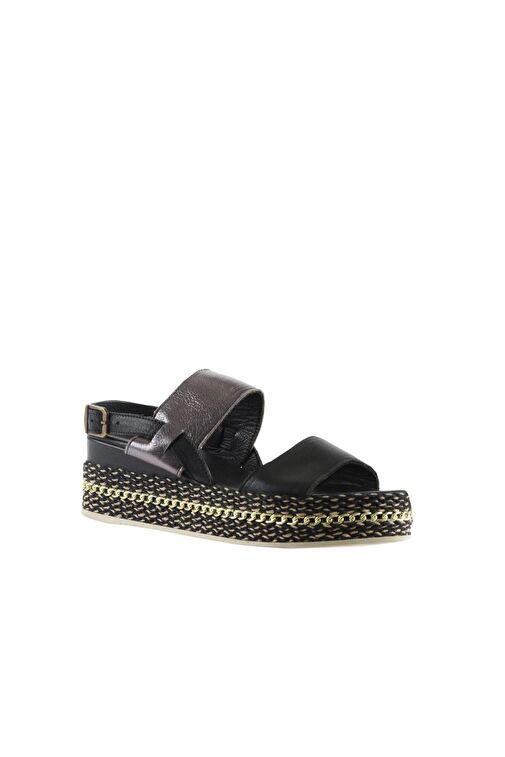 Bueno Shoes Siyah Kurşun Deri Kadın Dolgu Topuklu Espadril Sandalet 01ws5200 - Görsel 4