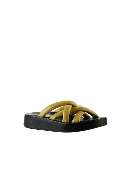 Bueno Shoes Sarı Siyah Deri Kadın Dolgu Topuklu Terlik 01wu4606 - Görsel 3