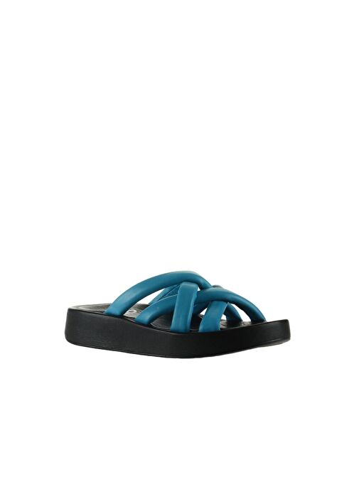 Bueno Shoes Turkuaz Siyah Deri Kadın Dolgu Topuklu Terlik 01wu4606 - Görsel 3