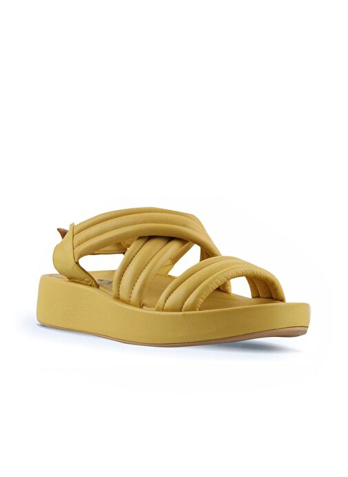Bueno Shoes Sarı Deri Kadın Dolgu Topuklu Sandalet 01wu4619 - Görsel 4