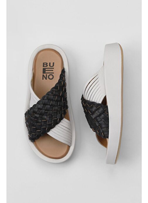Bueno Shoes Siyah Beyaz Deri Kadın Dolgu Topuklu Terlik 01wu4624 - Görsel 2