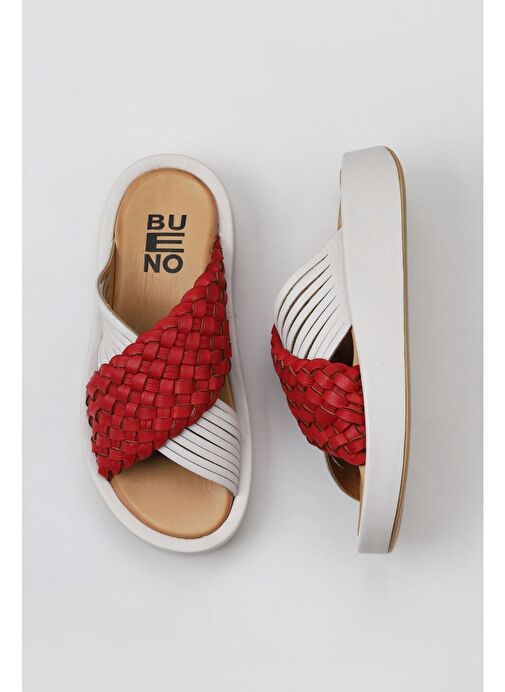 Bueno Shoes Kırmızı Beyaz Deri Kadın Dolgu Topuklu Terlik 01wu4624 - Görsel 2