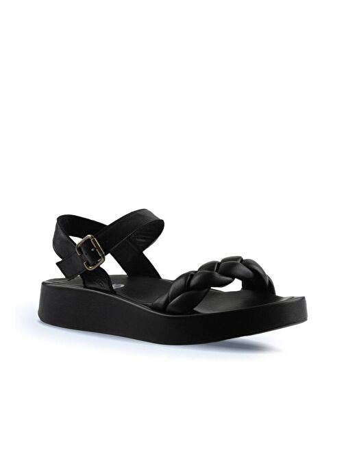 Bueno Shoes Siyah Deri Kadın Dolgu Topuklu Sandalet 01wu4641 - Görsel 4