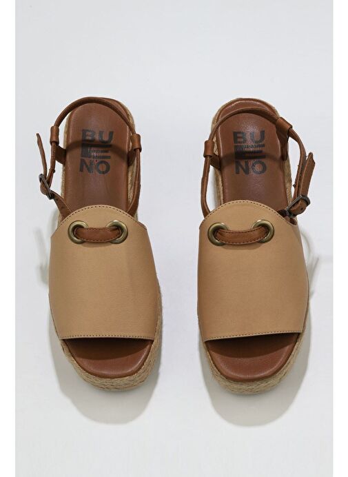 Bueno Shoes Bej Kahve Deri Kadın Dolgu Topuklu Espadril Sandalet 01wu6103 - Görsel 2