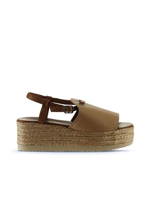 Bueno Shoes Bej Kahve Deri Kadın Dolgu Topuklu Espadril Sandalet 01wu6103 - Görsel 3