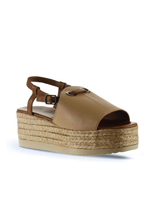 Bueno Shoes Bej Kahve Deri Kadın Dolgu Topuklu Espadril Sandalet 01wu6103 - Görsel 4