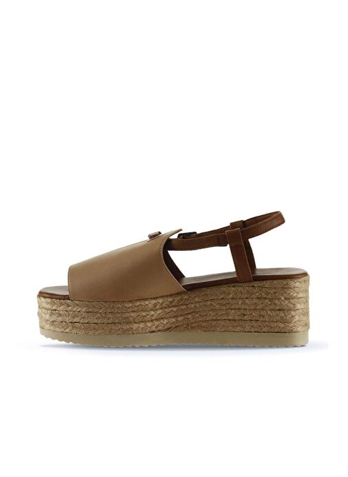 Bueno Shoes Bej Kahve Deri Kadın Dolgu Topuklu Espadril Sandalet 01wu6103 - Görsel 5