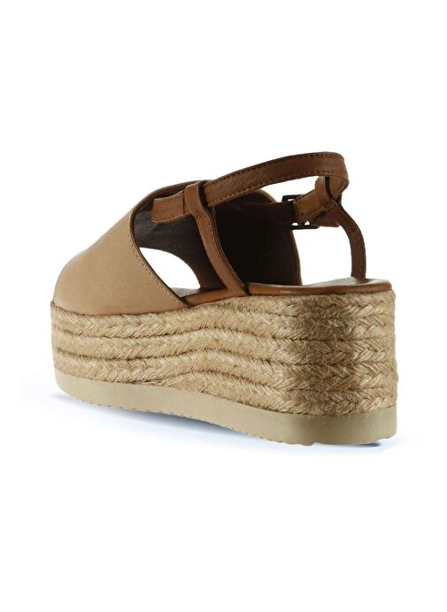 Bueno Shoes Bej Kahve Deri Kadın Dolgu Topuklu Espadril Sandalet 01wu6103 - Görsel 6