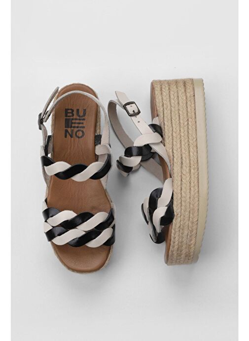 Bueno Shoes Siyah Bej Parlak Deri Kadın Dolgu Topuklu Espadril Sandalet 01wu6119 - Görsel 2