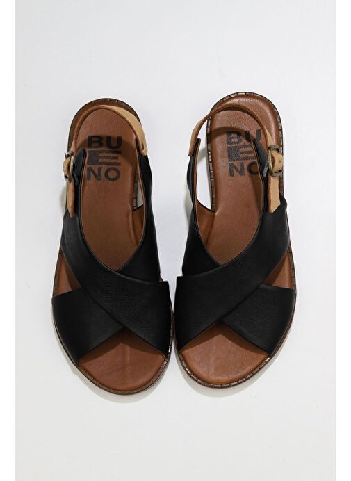 Bueno Shoes Siyah Bej Deri Kadın Düz Sandalet 01wu8213 - Görsel 2