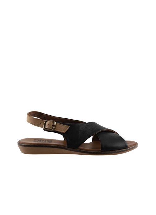 Bueno Shoes Siyah Bej Deri Kadın Düz Sandalet 01wu8213 - Görsel 3
