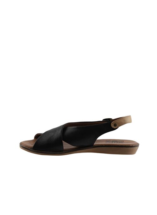 Bueno Shoes Siyah Bej Deri Kadın Düz Sandalet 01wu8213 - Görsel 5