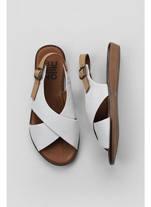 Bueno Shoes Beyaz Bej Deri Kadın Düz Sandalet 01wu8213 - Görsel 2
