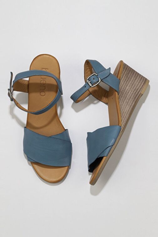 Bueno Shoes Mavi Deri Kadın Dolgu Topuklu Sandalet 01wq8601 - Görsel 2