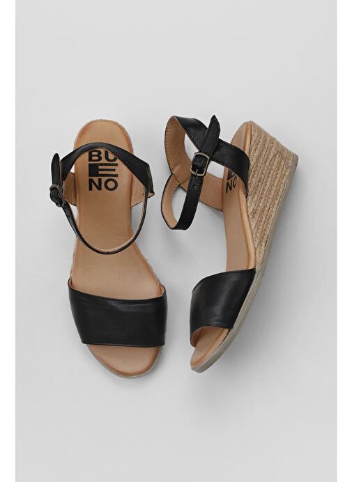 Bueno Shoes Siyah Deri Kadın Dolgu Topuklu Espadril Sandalet 01ws11101 - Görsel 2