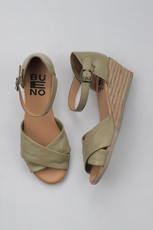 Bueno Shoes Haki Deri Kadın Dolgu Topuklu Espadril Sandalet 01ws11102 - Görsel 2