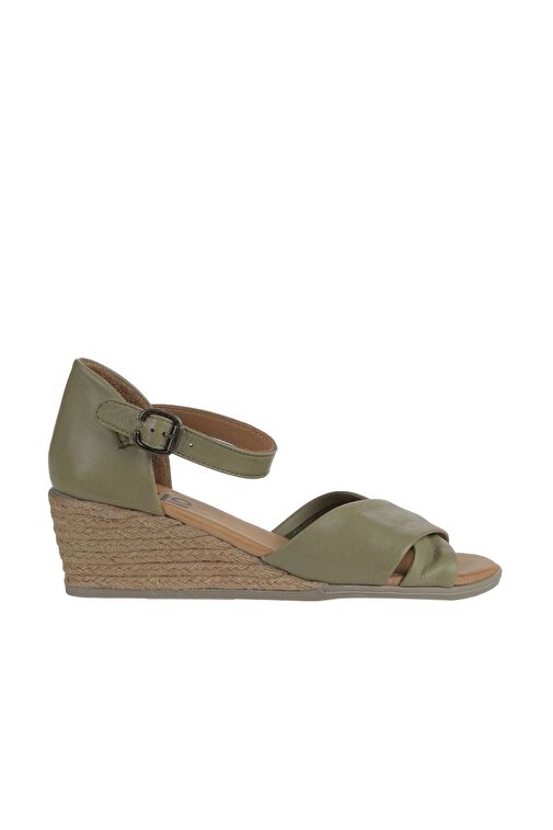 Bueno Shoes Haki Deri Kadın Dolgu Topuklu Espadril Sandalet 01ws11102 - Görsel 3