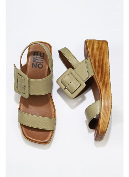 Bueno Shoes Haki Deri Kadın Dolgu Topuklu Sandalet 01ws5908 - Görsel 2
