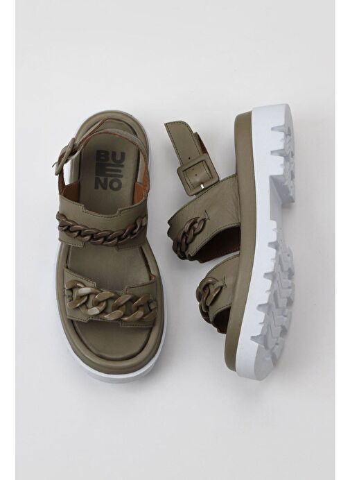 Bueno Shoes Haki Deri Kadın Dolgu Topuklu Sandalet 01wu7300 - Görsel 2