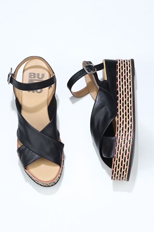 Bueno Shoes Siyah Deri Kadın Dolgu Topuklu Espadril Sandalet 01wq5901 - Görsel 2