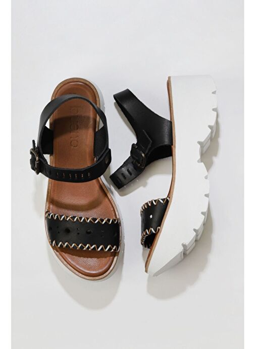 Bueno Shoes Siyah Deri Kadın Dolgu Topuklu Sandalet 01ws7700 - Görsel 2