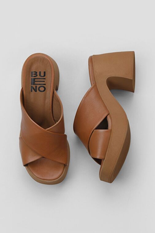 Bueno Shoes Taba Koyu Deri Kadın Topuklu Terlik 01wy12201 - Görsel 3