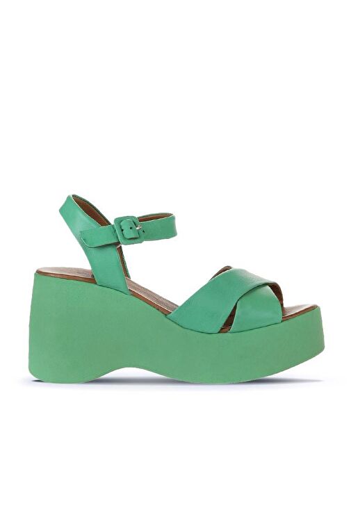 Bueno Shoes Yeşil Koyu Deri Kadın Dolgu Topuklu Sandalet 01wy9001 - Görsel 3