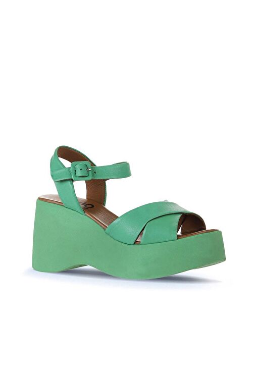 Bueno Shoes Yeşil Koyu Deri Kadın Dolgu Topuklu Sandalet 01wy9001 - Görsel 4