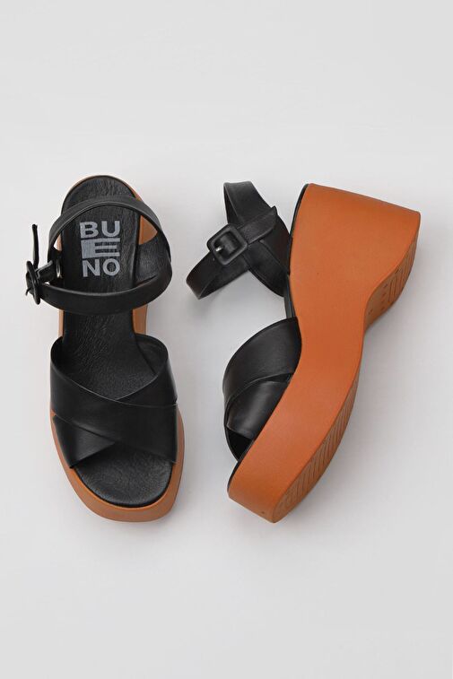 Bueno Shoes Siyah Deri Kadın Dolgu Topuklu Sandalet 01wy9001 - Görsel 2