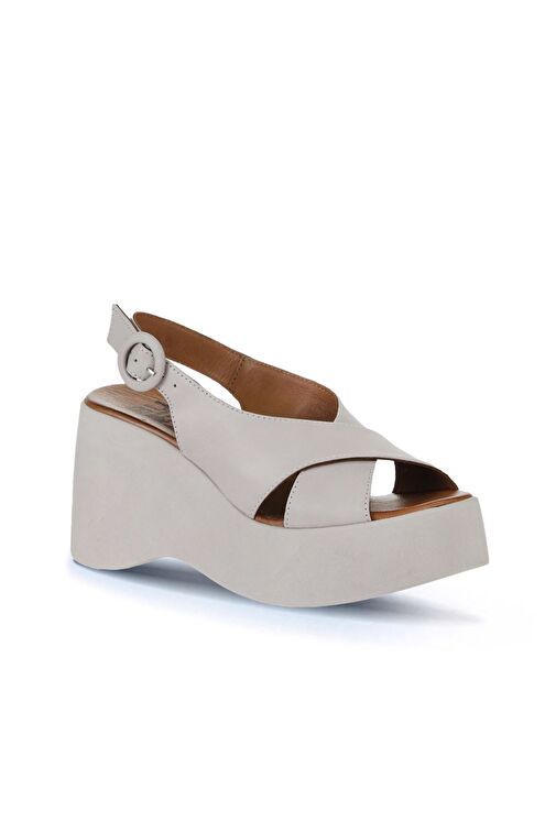 Bueno Shoes Gri Deri Kadın Dolgu Topuklu Sandalet 01wy9007 - Görsel 4