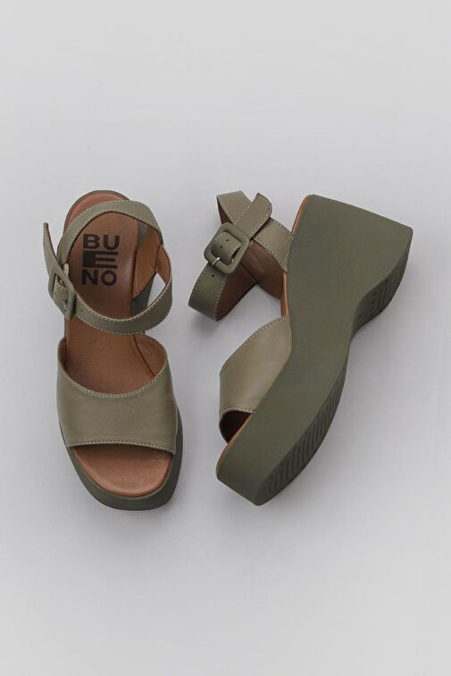 Bueno Shoes Haki Deri Kadın Dolgu Topuklu Ayakkabı 01wy9009 - Görsel 3