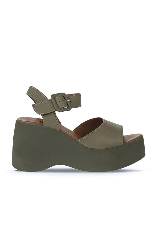 Bueno Shoes Haki Deri Kadın Dolgu Topuklu Ayakkabı 01wy9009 - Görsel 2