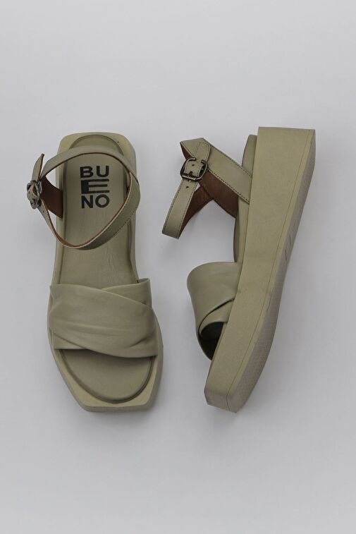Bueno Shoes Haki Deri Kadın Dolgu Topuklu Sandalet 01wy5909 - Görsel 2