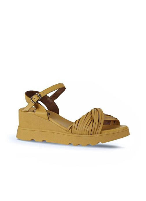 Bueno Shoes Sarı Deri Kadın Dolgu Topuklu Sandalet 01wy8609 - Görsel 4