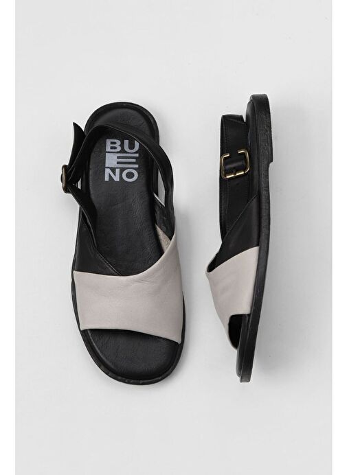 Bueno Shoes Ekru Siyah Deri Kadın Düz Sandalet 01wy2015 - Görsel 2