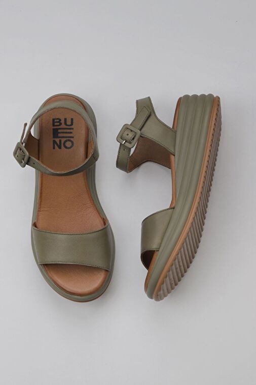 Bueno Shoes Haki Deri Kadın Dolgu Topuklu Sandalet 01wy5700 - Görsel 2