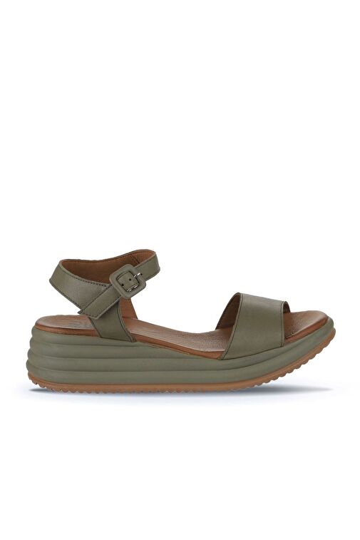 Bueno Shoes Haki Deri Kadın Dolgu Topuklu Sandalet 01wy5700 - Görsel 3