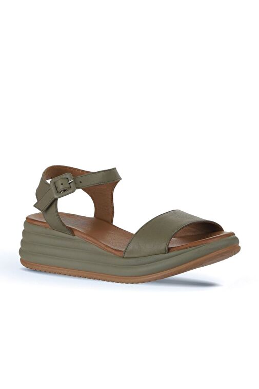 Bueno Shoes Haki Deri Kadın Dolgu Topuklu Sandalet 01wy5700 - Görsel 4