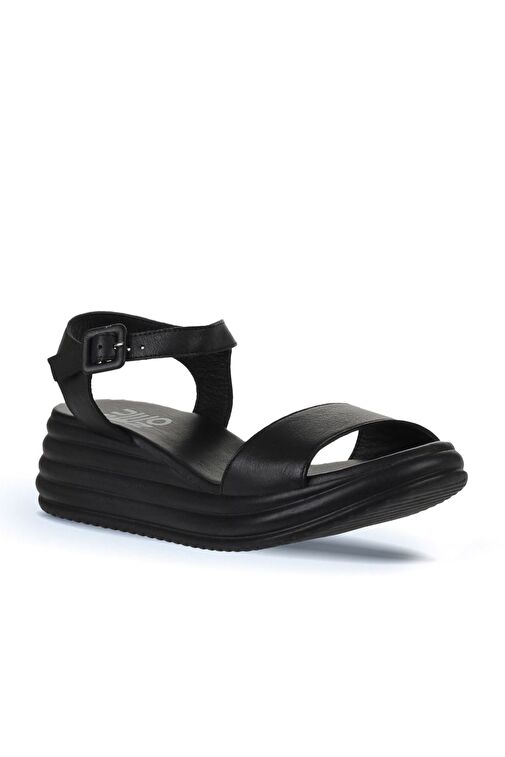 Bueno Shoes Siyah Deri Kadın Dolgu Topuklu Sandalet 01wy5700 - Görsel 4