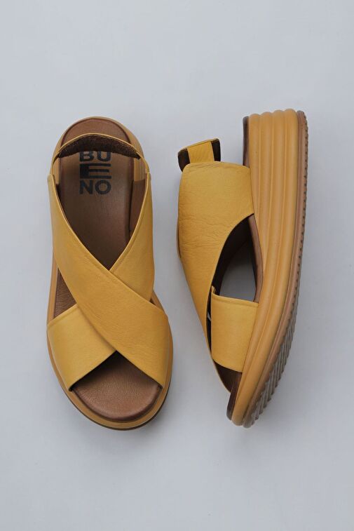 Bueno Shoes Sarı Deri Kadın Dolgu Topuklu Sandalet 01wy5703 - Görsel 3